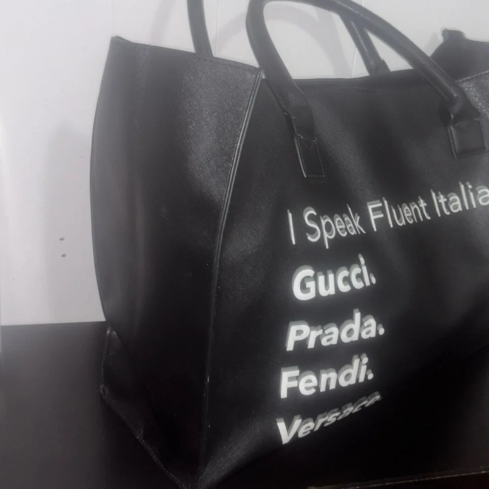 I speak Fluent Italian Vegan leather designer black tote-LA/TC - Picture 3 of 9